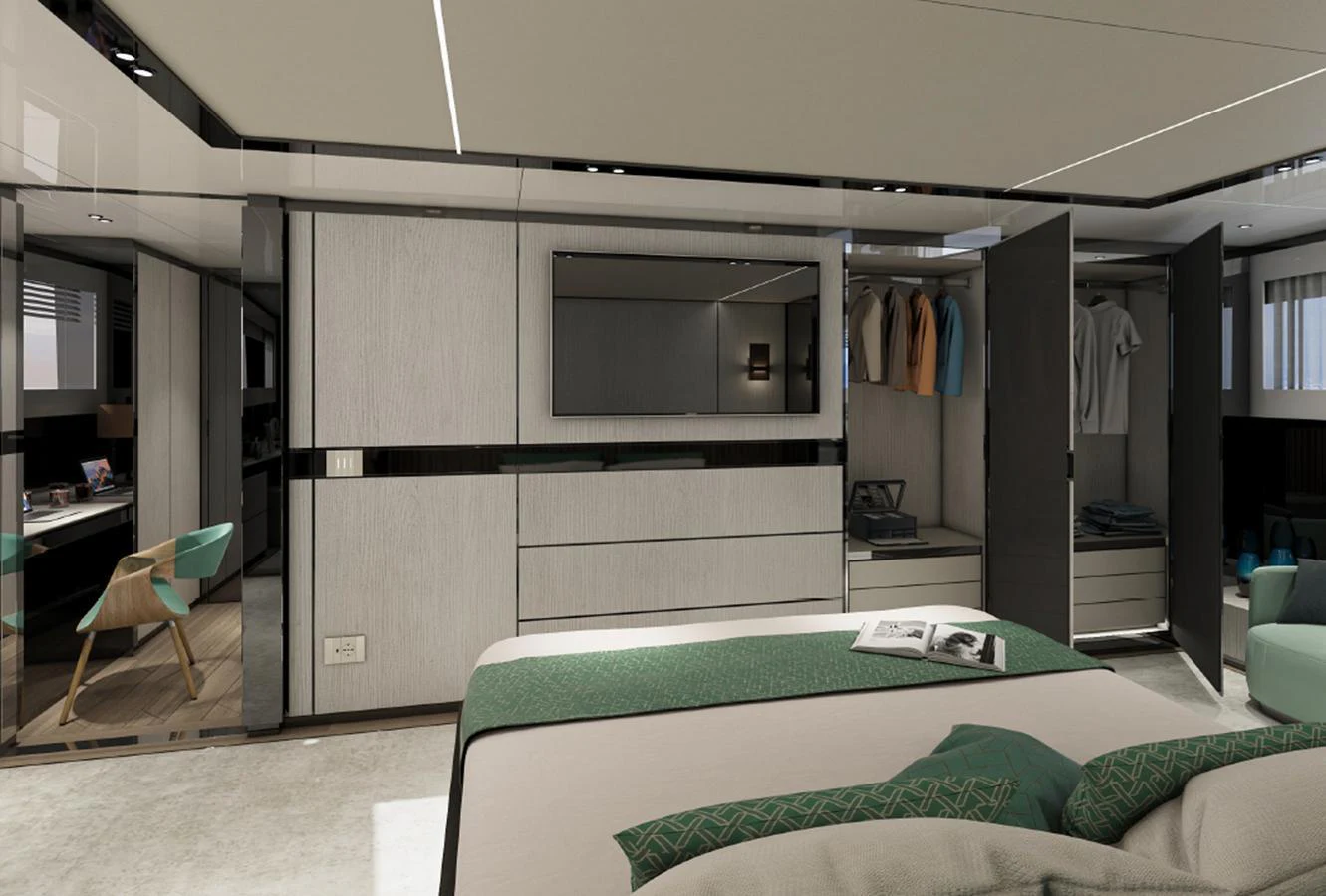 The master stateroom features a spacious layout with modern furnishings and ample storage. aboard AES Yacht for Sale