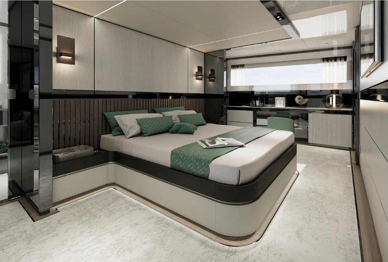 The master stateroom features a luxurious bed with elegant decor and ample natural light. aboard AES Yacht for Sale
