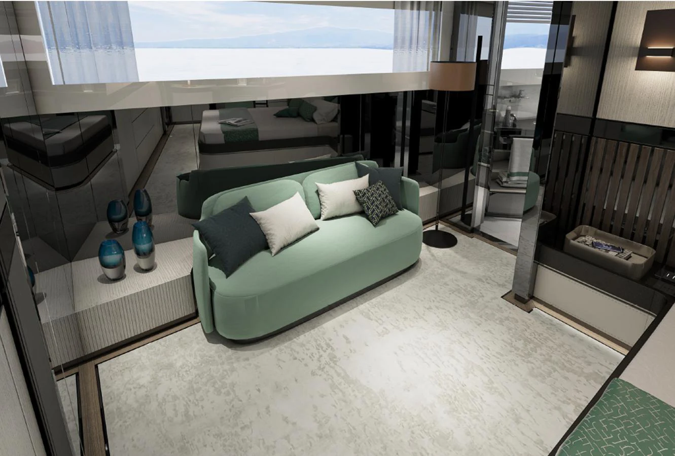The yacht's salon features a modern and elegant design with a comfortable seating area and stylish decor. aboard AES Yacht for Sale