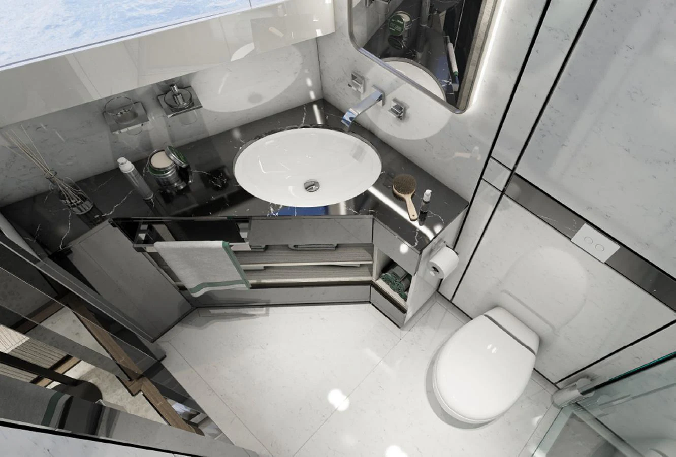 The yacht's bathroom features modern fixtures and a sleek design. aboard AES Yacht for Sale