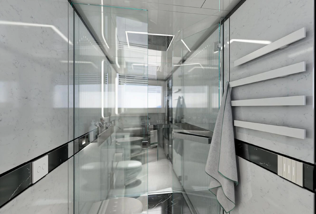 The yacht's interior features a sleek, modern bathroom with glass and marble finishes. aboard AES Yacht for Sale
