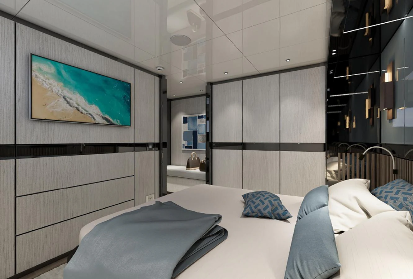 A luxurious stateroom featuring modern decor and a serene ambiance. aboard AES Yacht for Sale