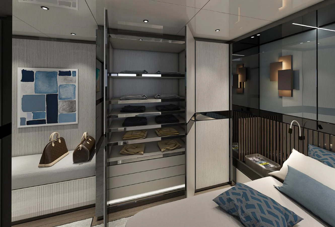A luxurious stateroom featuring a spacious wardrobe and elegant decor. aboard AES Yacht for Sale