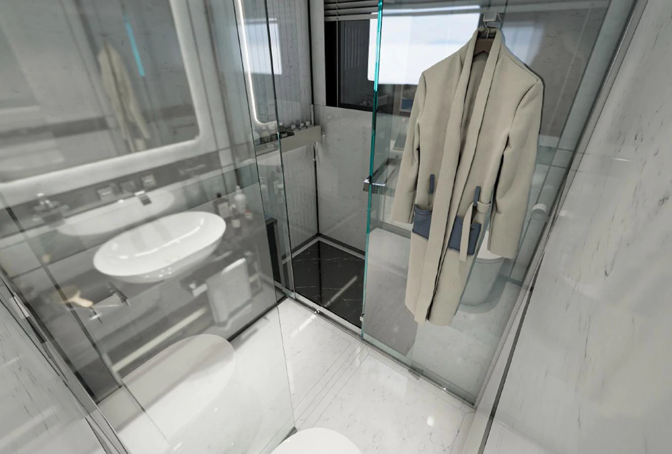 A sleek and modern bathroom with glass walls and a hanging coat. aboard AES Yacht for Sale