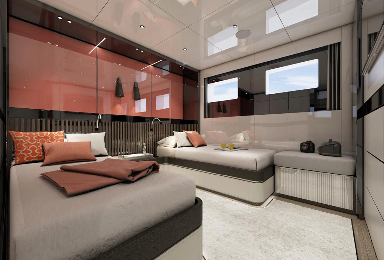 The guest stateroom features twin beds, modern decor, and ample natural light. aboard AES Yacht for Sale