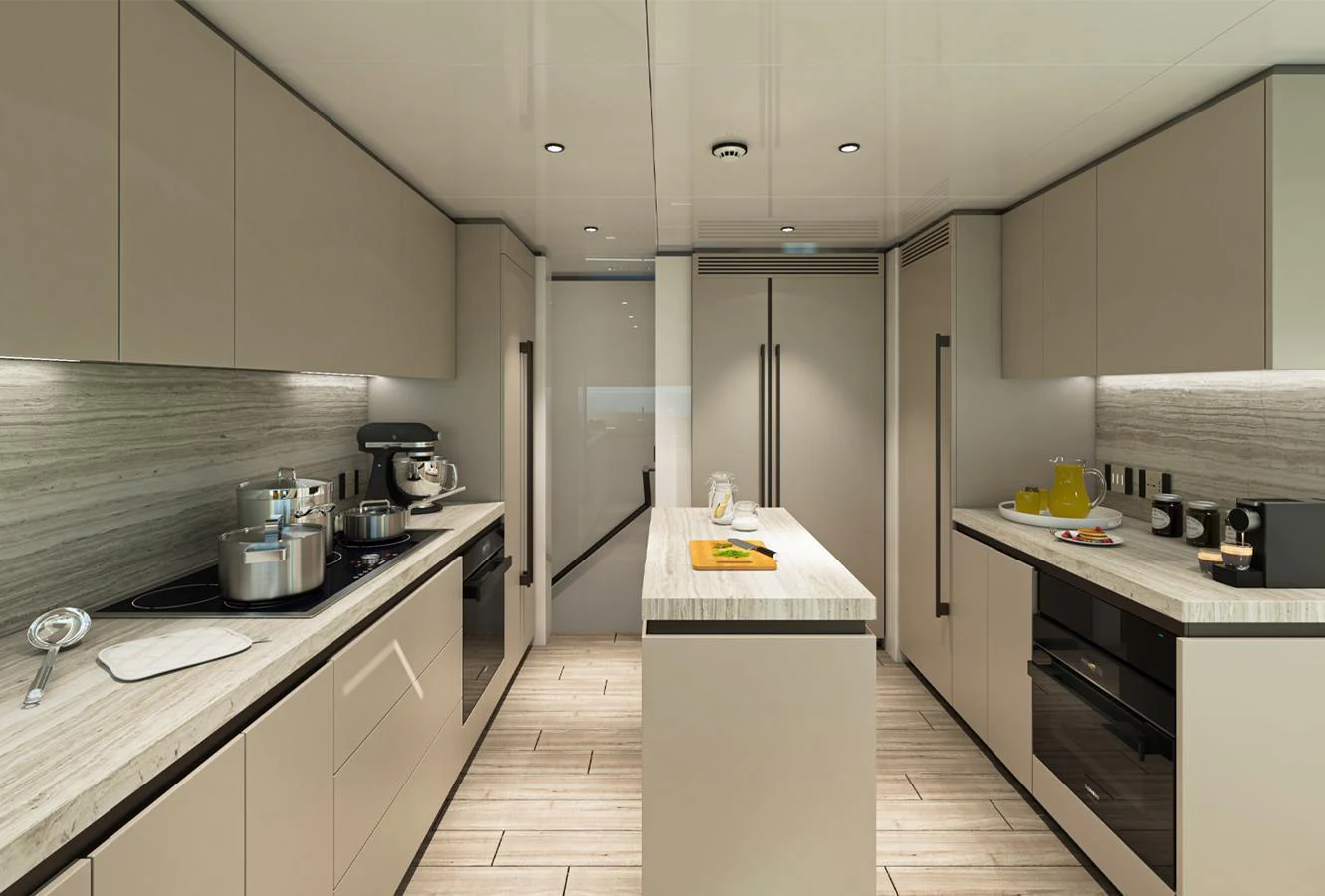 The galley features modern appliances and a sleek design, perfect for gourmet cooking at sea. aboard AES Yacht for Sale