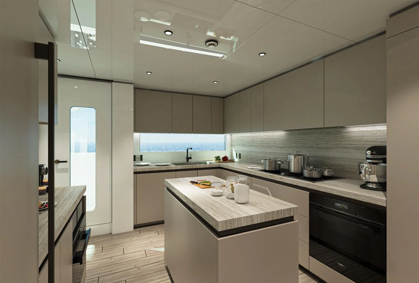 The yacht's galley features modern appliances and sleek design, perfect for gourmet cooking at sea. aboard AES Yacht for Sale