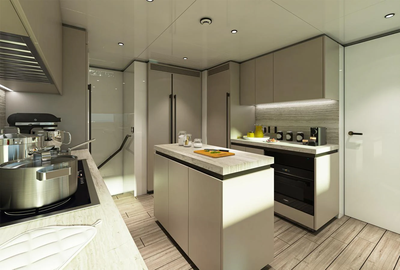 The yacht's galley is modern and well-equipped, featuring sleek cabinetry and high-end appliances. aboard AES Yacht for Sale