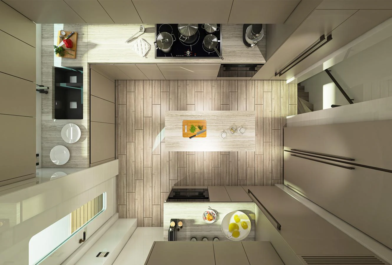 The galley features modern appliances and a sleek design, perfect for gourmet cooking at sea. aboard AES Yacht for Sale