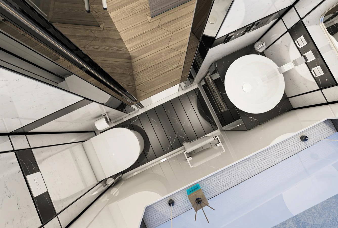 A modern yacht bathroom with sleek fixtures and a sophisticated design. aboard AES Yacht for Sale
