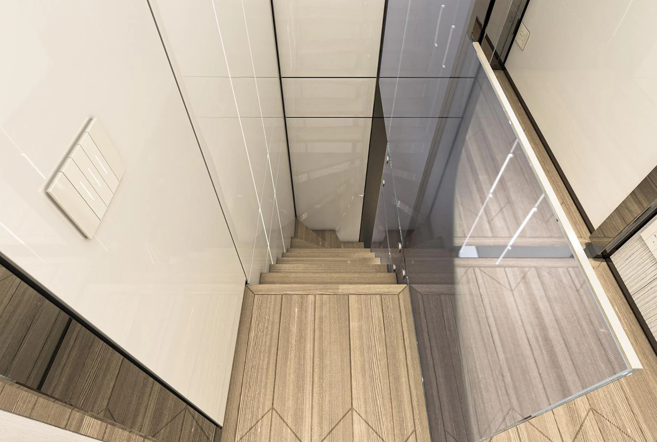 A sleek and modern staircase with glass railings and wooden steps. aboard AES Yacht for Sale