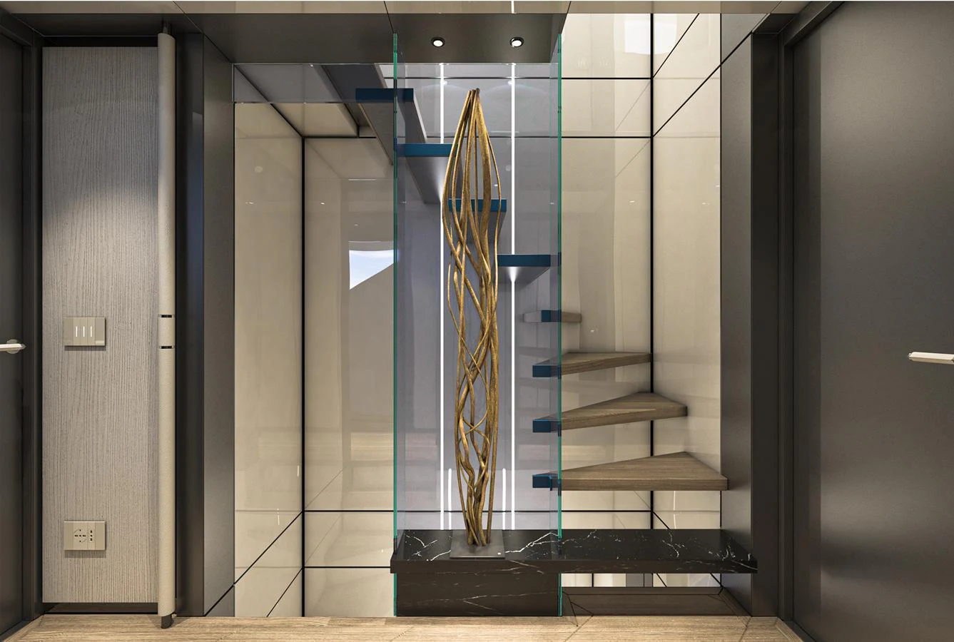 A stylish interior stairway with modern design elements and a striking sculpture. aboard AES Yacht for Sale