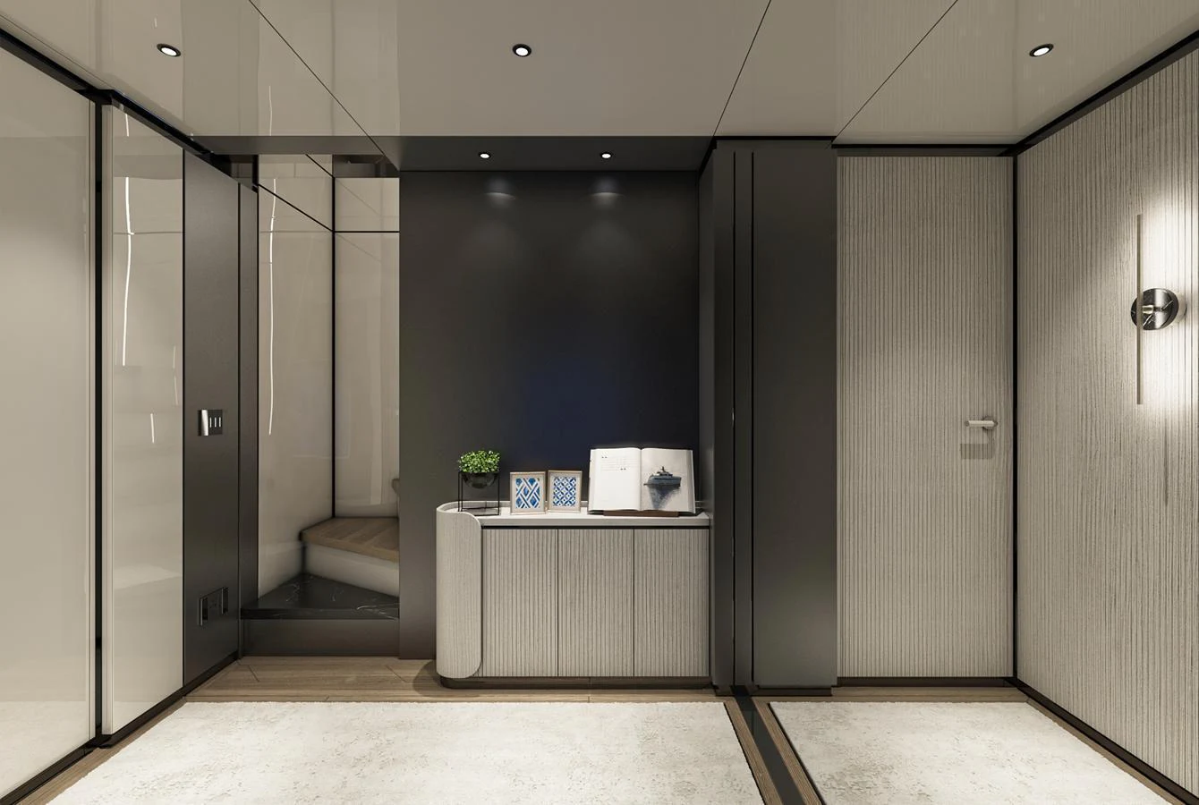 A sleek and modern interior space with minimalist design elements. aboard AES Yacht for Sale