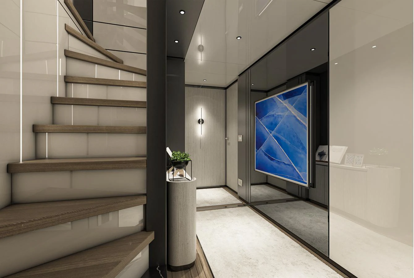 A modern yacht interior featuring a sleek staircase and contemporary artwork. aboard AES Yacht for Sale