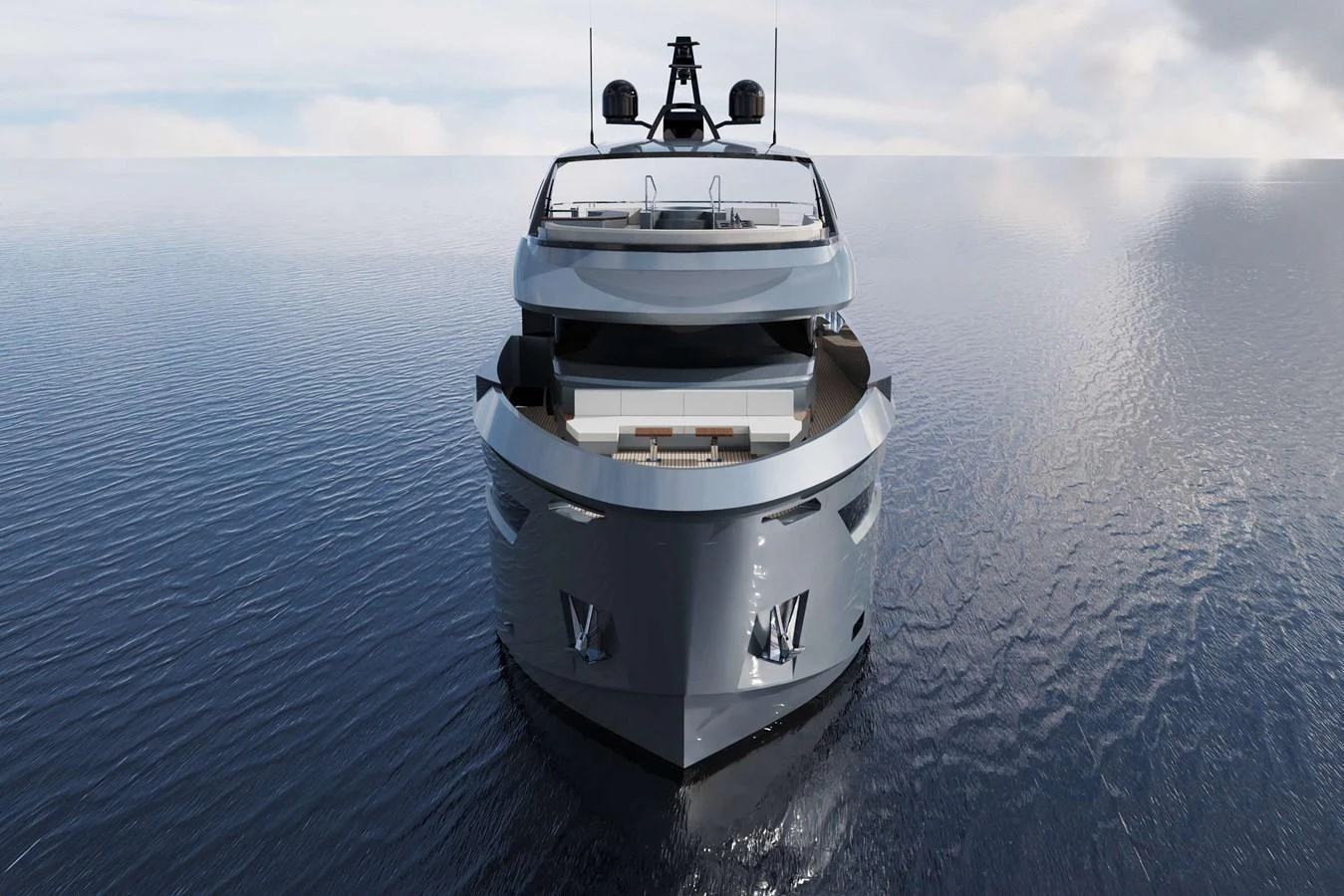 A sleek and modern yacht is seen head-on, showcasing its impressive design on calm waters. aboard AES 85 Yacht for Sale