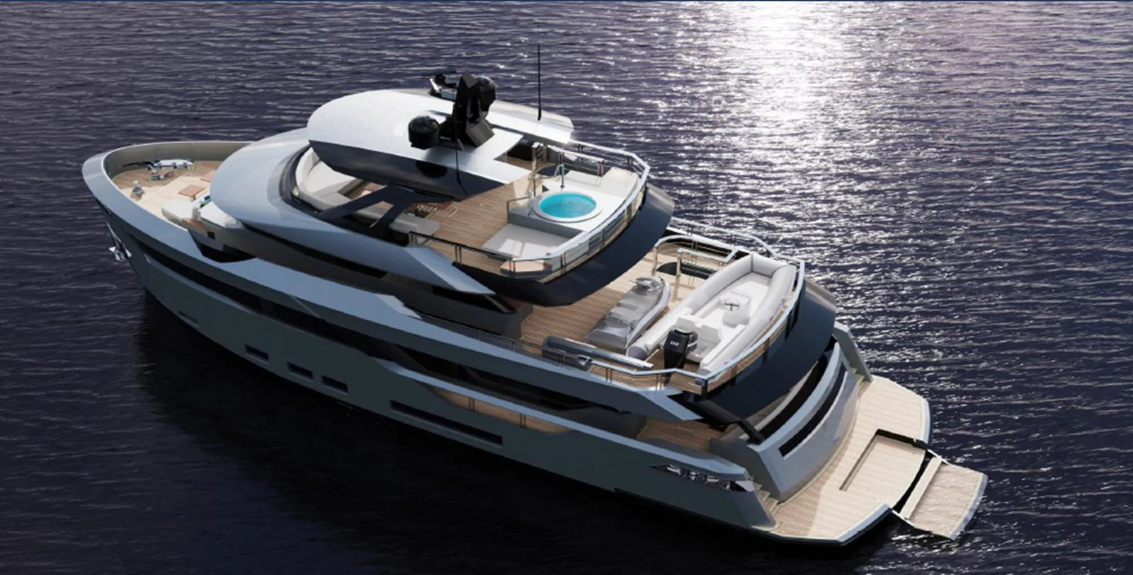 A sleek and modern yacht cruising on calm waters, showcasing its luxurious design and spacious decks. aboard AES 85 Yacht for Sale