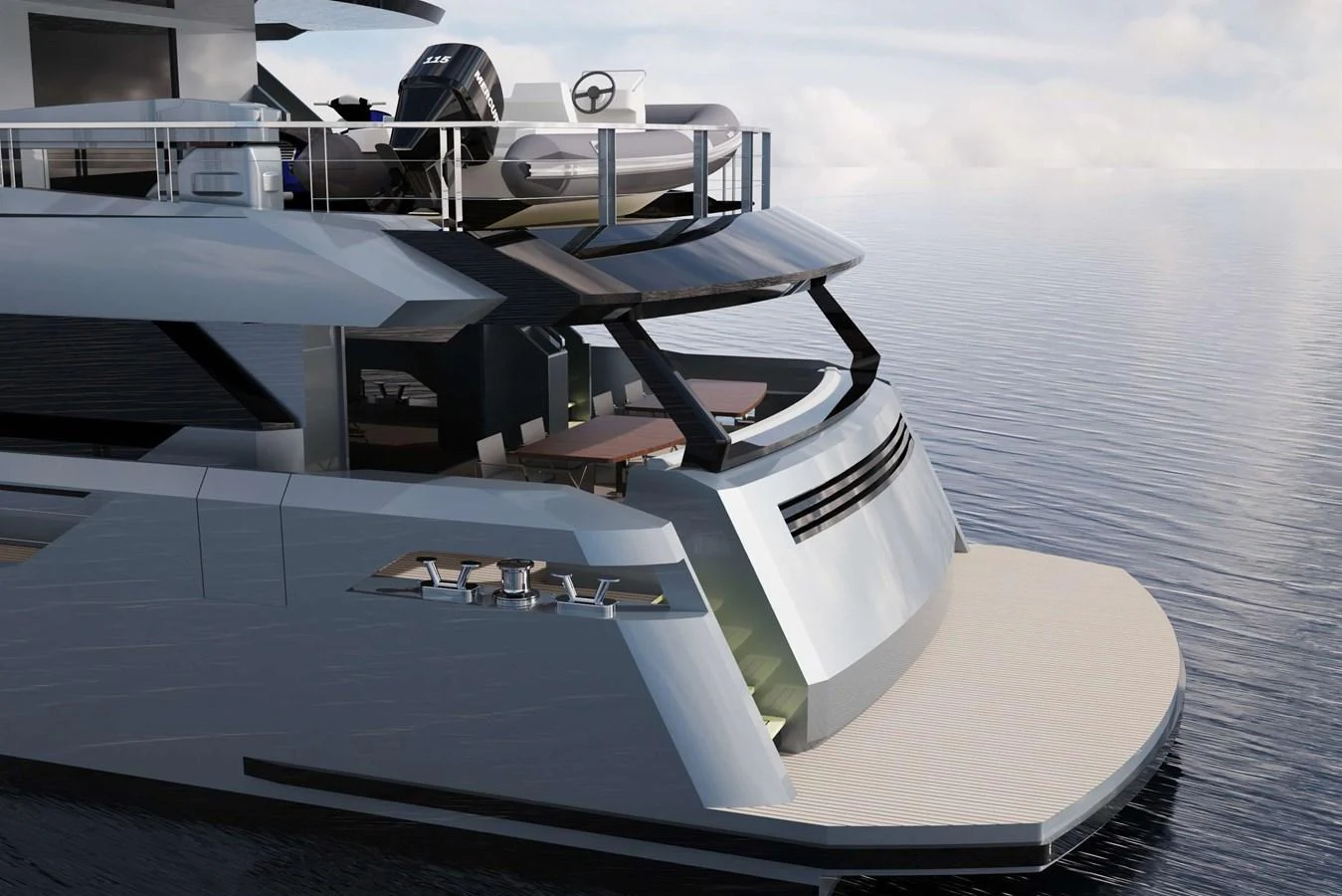 The yacht's sleek aft deck features modern design elements and ample space for relaxation. aboard AES 85 Yacht for Sale