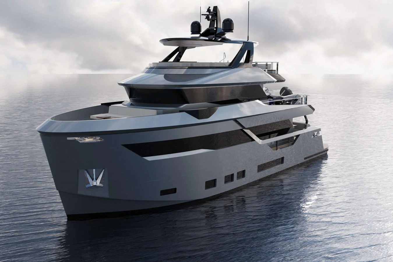 A sleek and modern yacht cruising on calm waters under a cloudy sky. aboard AES 85 Yacht for Sale