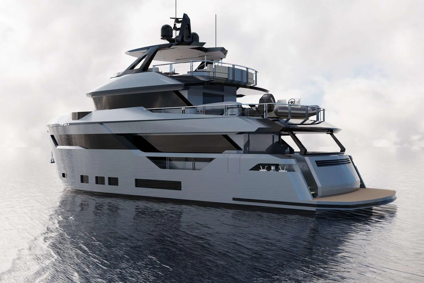 A sleek and modern yacht with multiple decks, cruising on calm waters. aboard AES 85 Yacht for Sale
