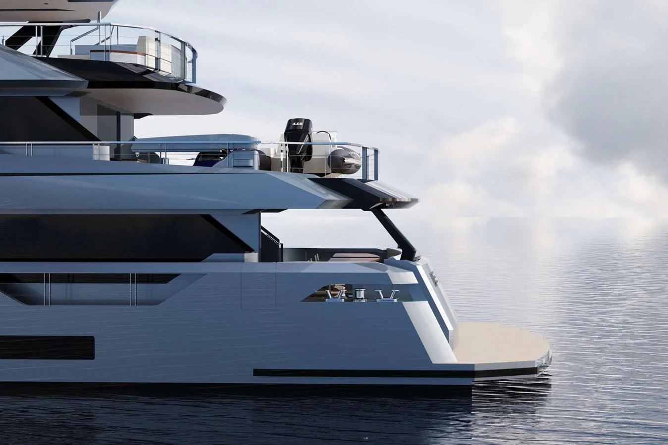 A sleek and modern yacht with multiple decks and a spacious aft area, floating gracefully on calm waters. aboard AES 85 Yacht for Sale