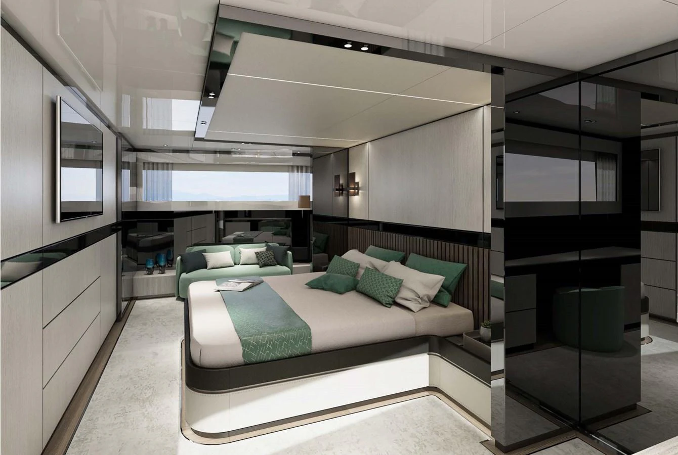 The master stateroom features a luxurious bed with elegant bedding and modern furnishings. aboard AES 85 Yacht for Sale