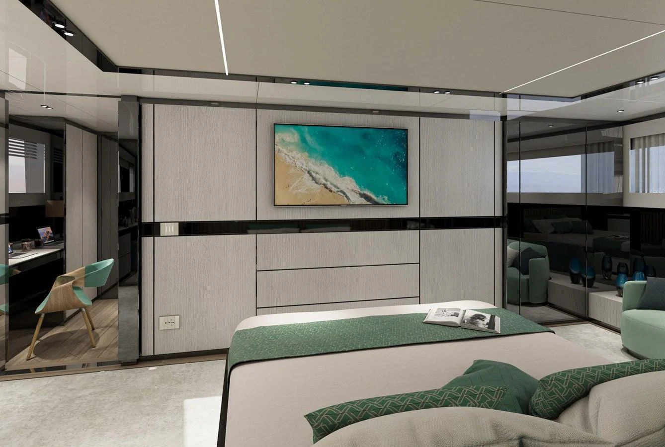 The master stateroom features a luxurious bed, modern decor, and a large flat-screen TV. aboard AES 85 Yacht for Sale