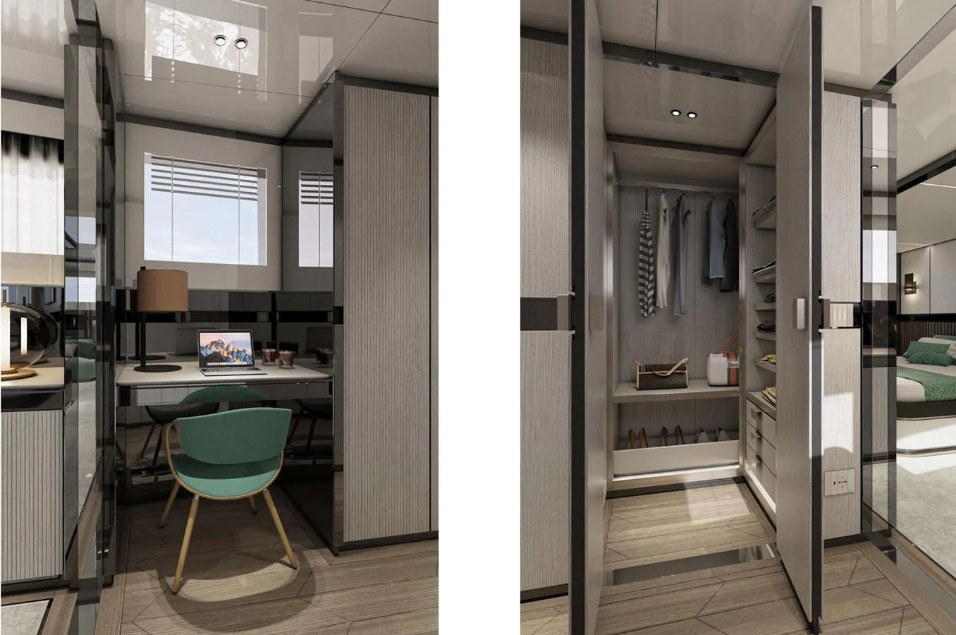 The yacht's interior features a stylish office space and a well-organized closet, showcasing modern design and functionality. aboard AES 85 Yacht for Sale
