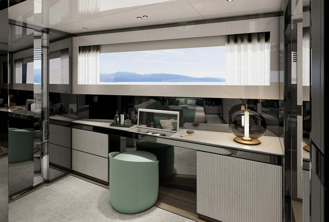A stylish and modern vanity area with a large window offering a scenic view. aboard AES 85 Yacht for Sale