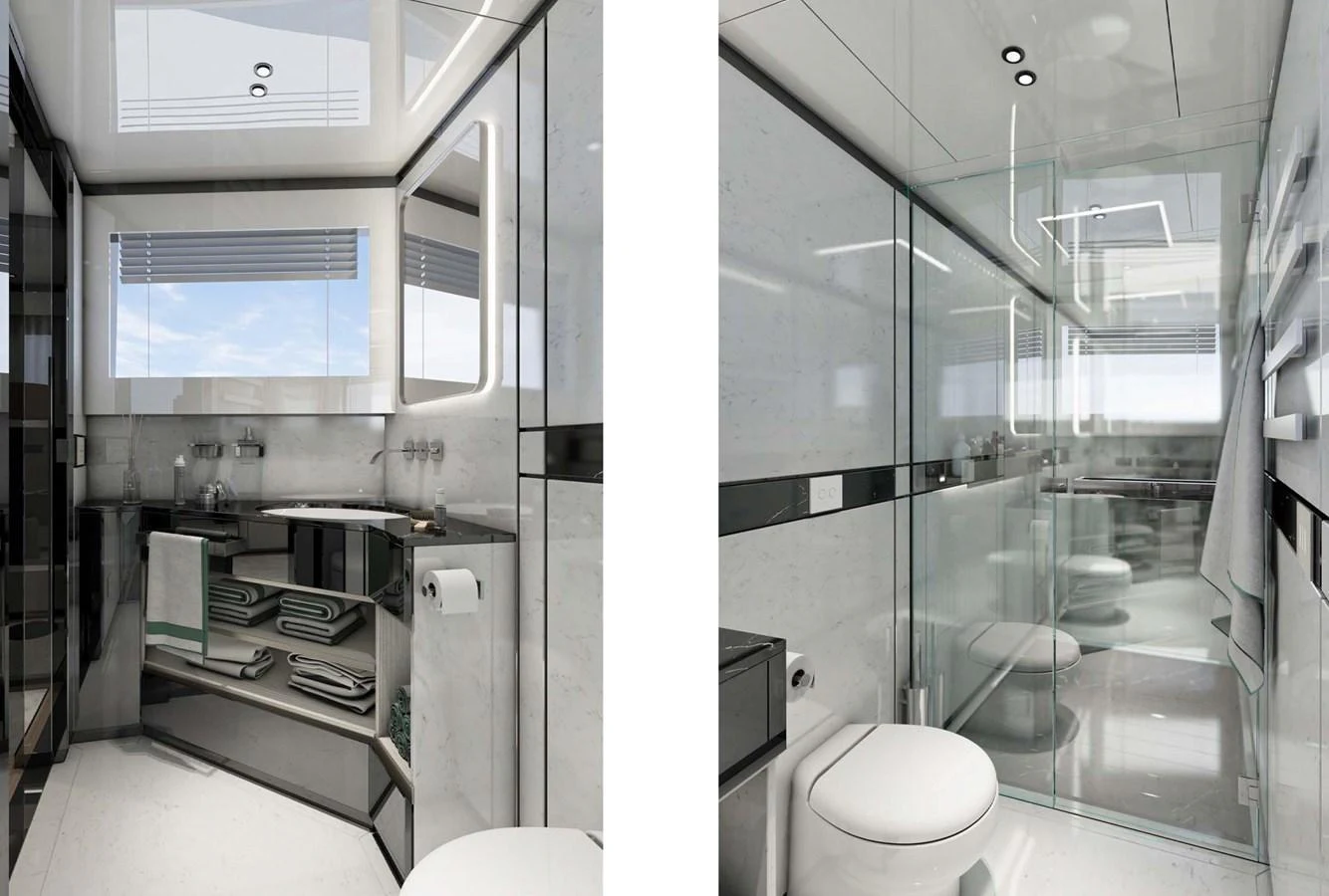 The yacht's bathroom features a sleek, modern design with ample natural light and high-end fixtures. aboard AES 85 Yacht for Sale