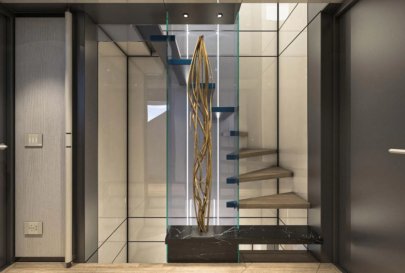 A modern yacht interior featuring a stylish staircase with a unique sculptural centerpiece. aboard AES 85 Yacht for Sale