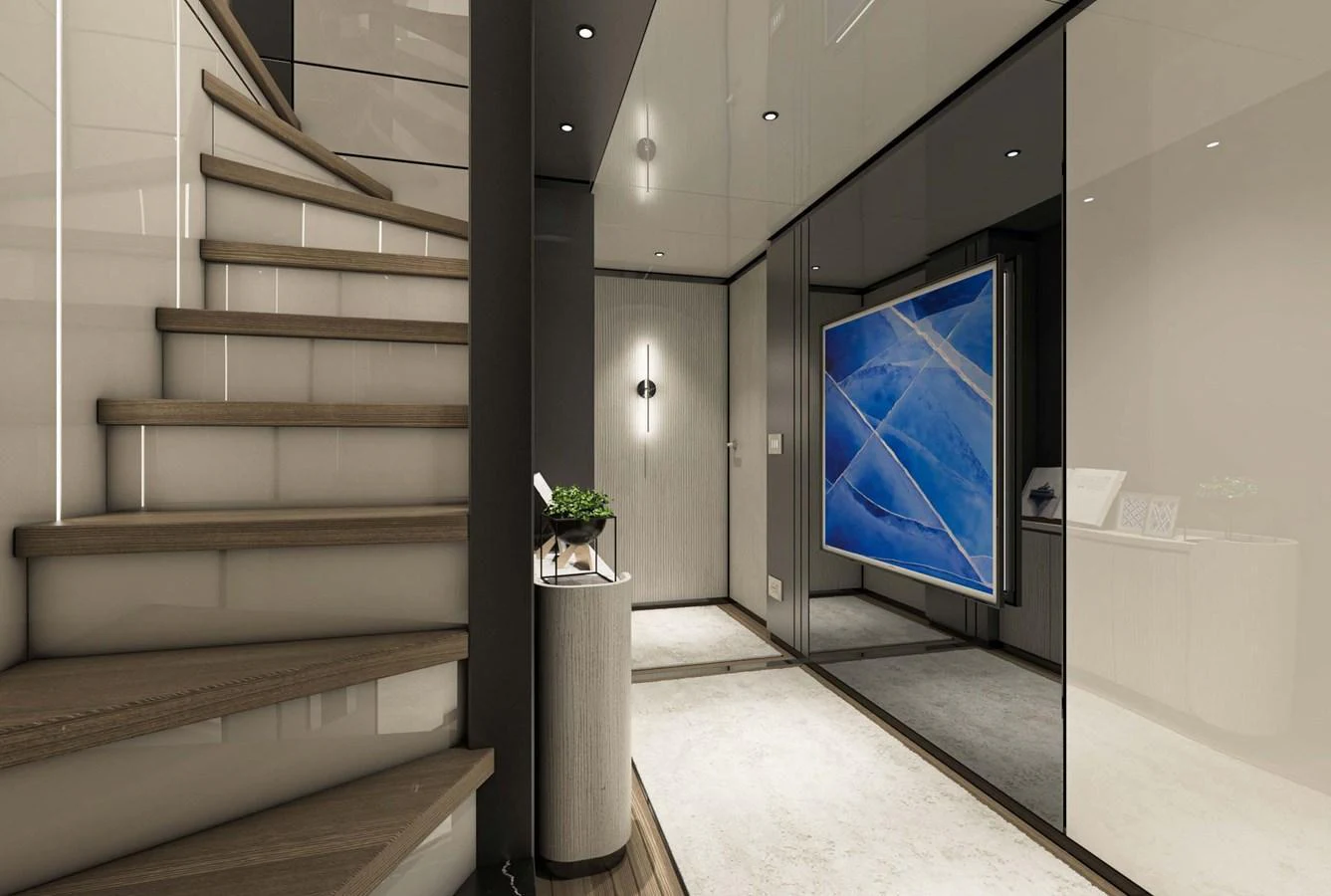 The yacht's interior features a modern staircase and sleek hallway with contemporary decor. aboard AES 85 Yacht for Sale