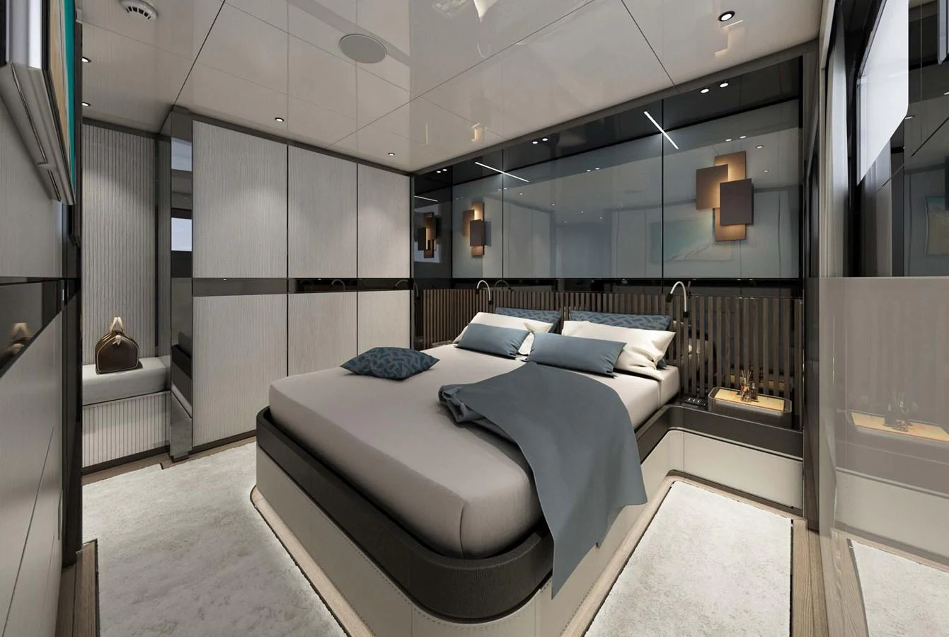 The luxurious stateroom features a modern design with sleek lines and elegant lighting. aboard AES 85 Yacht for Sale