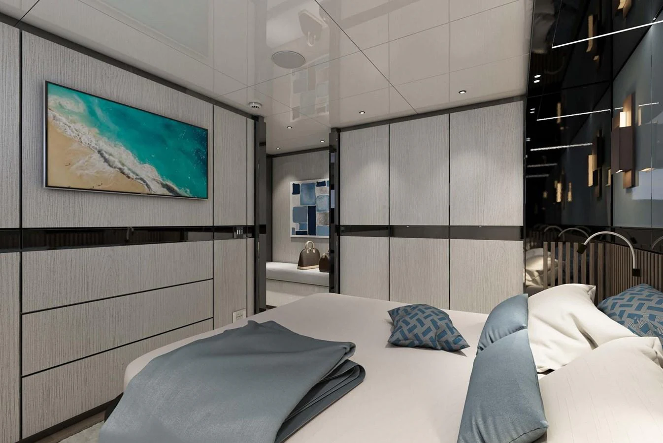 A luxurious stateroom featuring modern decor and a serene ambiance. aboard AES 85 Yacht for Sale