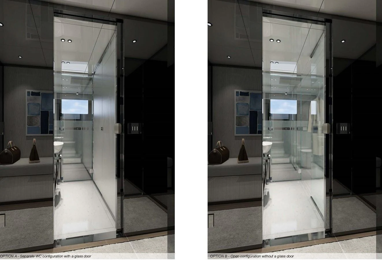 The image showcases a modern interior space with a glass door option, highlighting the versatility of the yacht's design. aboard AES 85 Yacht for Sale
