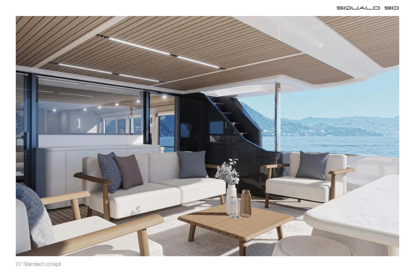 The cockpit features elegant seating with a stunning view of the water and surrounding landscape. aboard SQUALO 90 Yacht for Sale