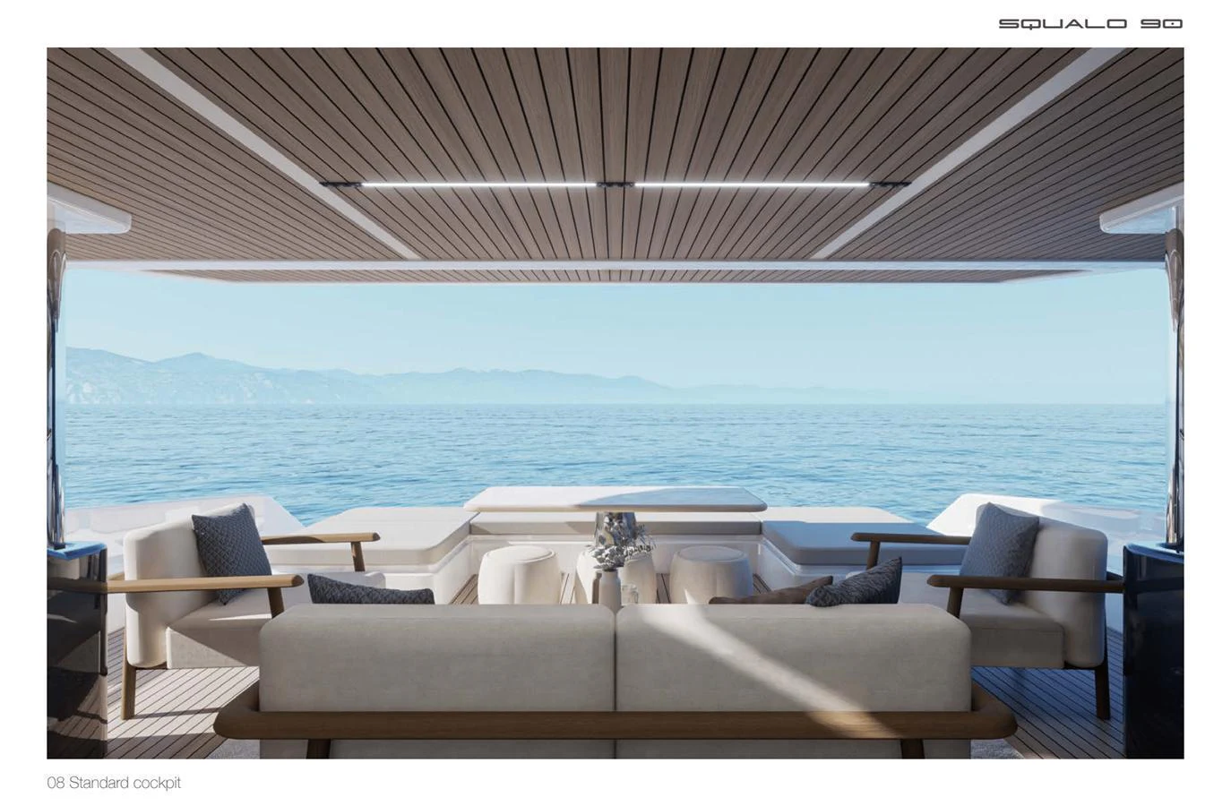 The cockpit offers a luxurious seating area with stunning ocean views. aboard SQUALO 90 Yacht for Sale