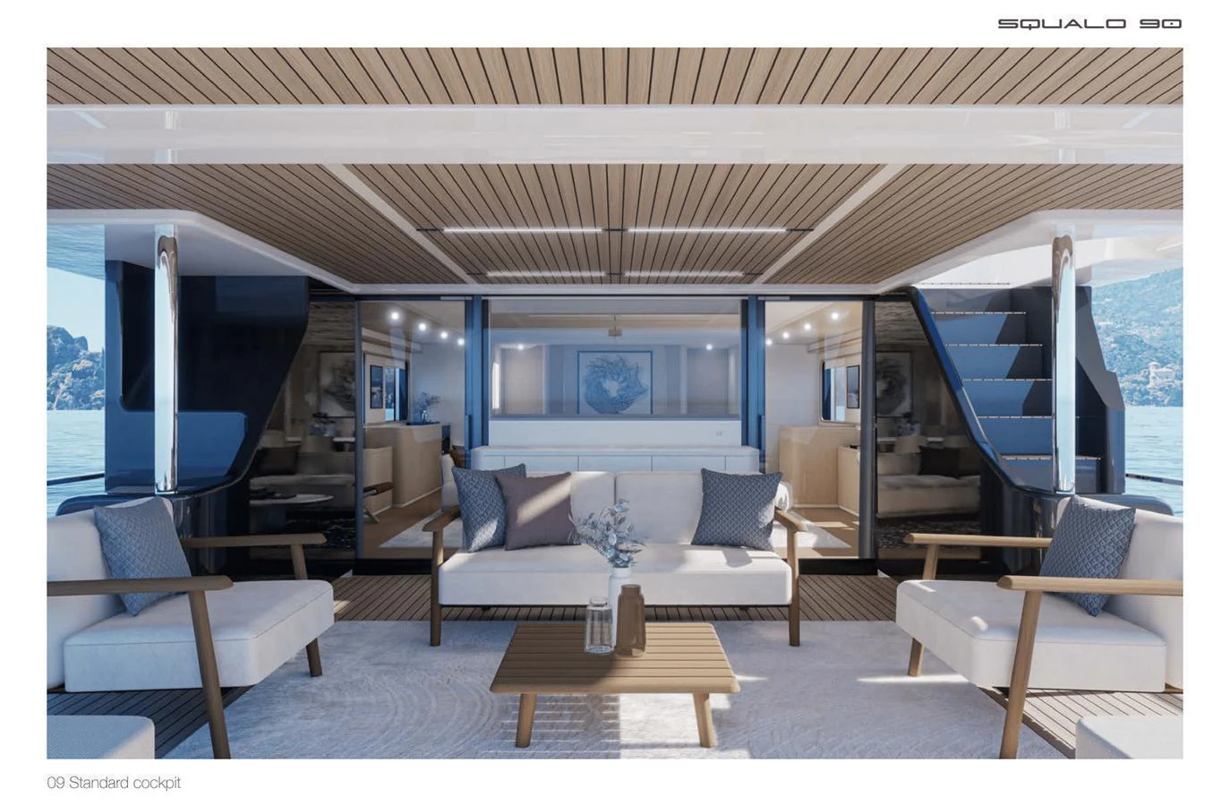 The cockpit area features elegant seating arrangements with a blend of modern and classic design elements. aboard SQUALO 90 Yacht for Sale