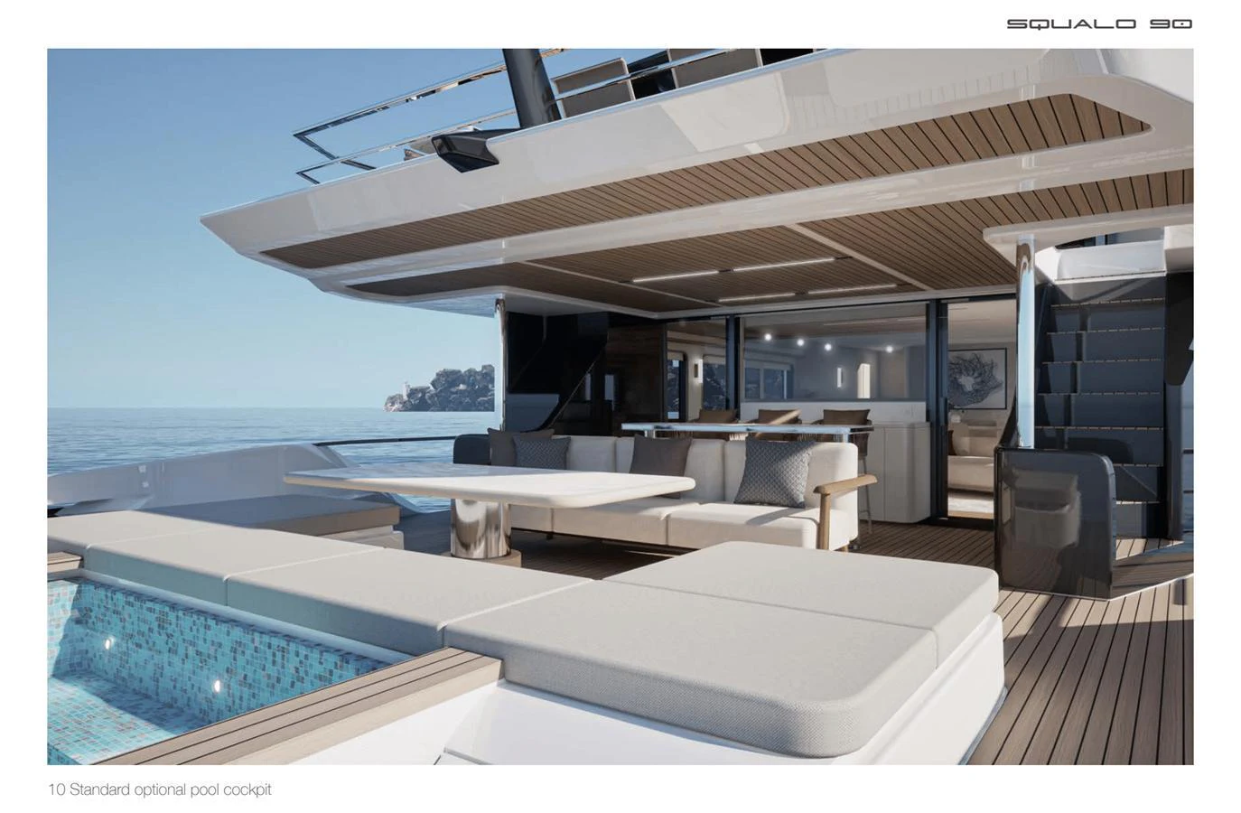 The aft deck features a luxurious seating area and a pool, perfect for relaxation and entertainment. aboard SQUALO 90 Yacht for Sale