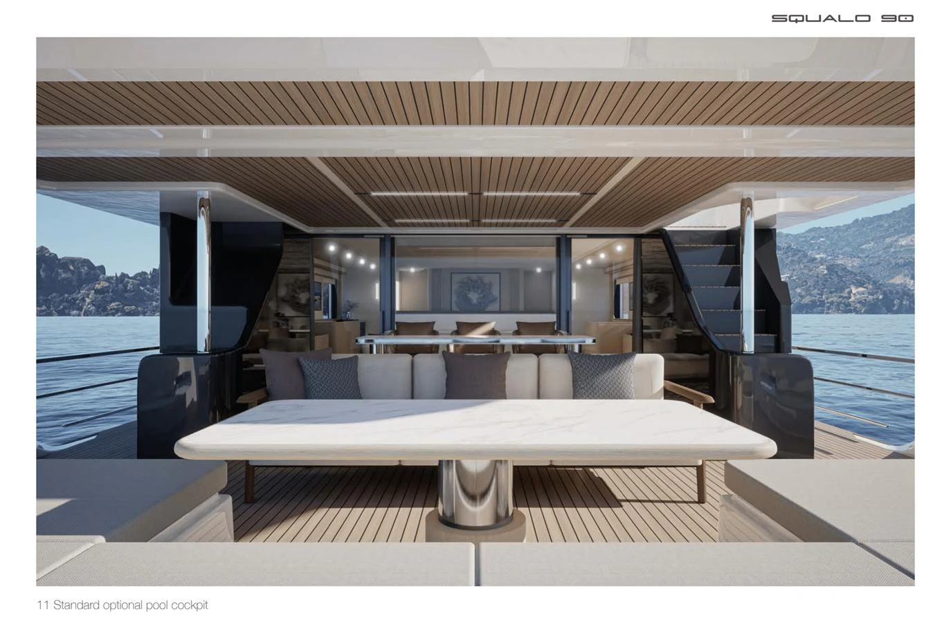 The aft deck features a spacious seating area with a large table, perfect for alfresco dining. aboard SQUALO 90 Yacht for Sale
