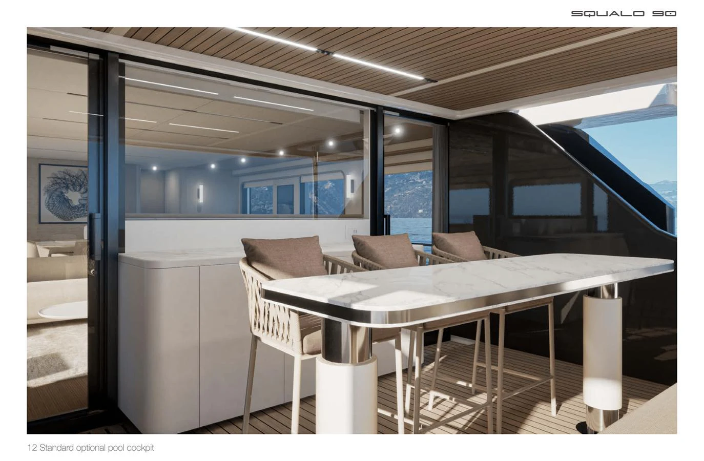 The yacht's cockpit features a sleek dining area with a modern table and comfortable seating. aboard SQUALO 90 Yacht for Sale