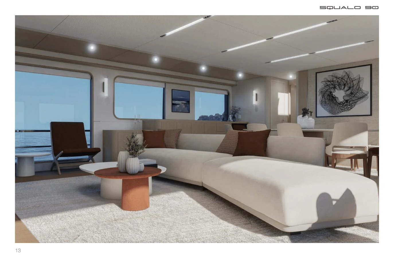 The salon features a spacious and modern design with comfortable seating and elegant decor. aboard SQUALO 90 Yacht for Sale