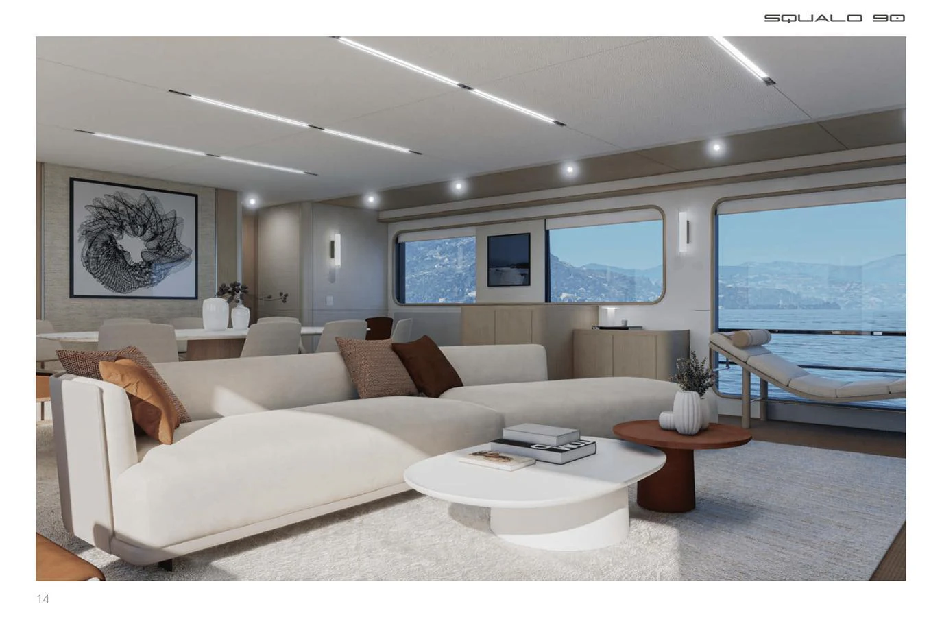 The salon features modern furnishings with large windows offering stunning sea views. aboard SQUALO 90 Yacht for Sale