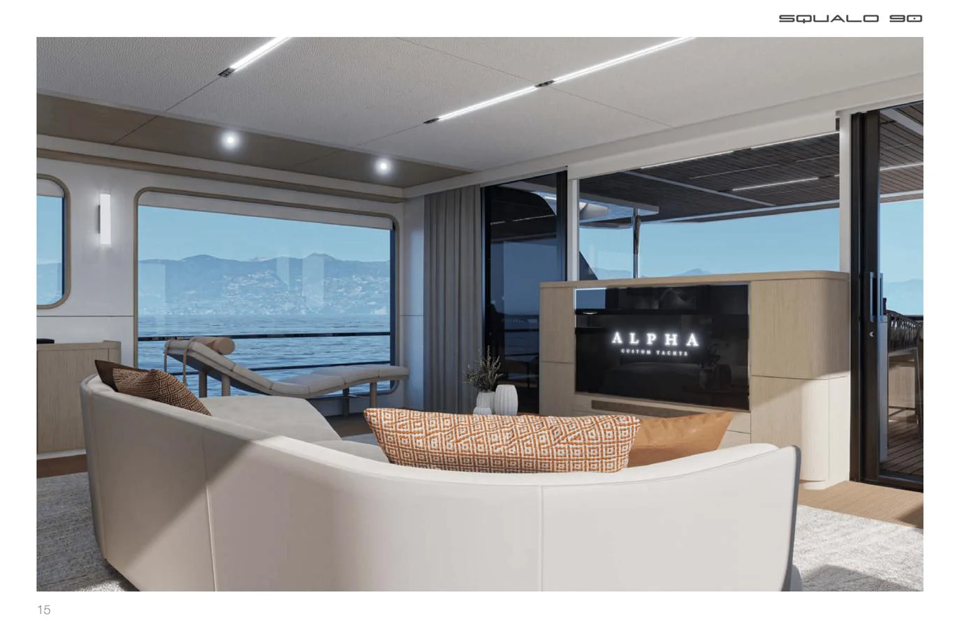 A luxurious interior lounge area with a modern design and stunning sea views. aboard SQUALO 90 Yacht for Sale