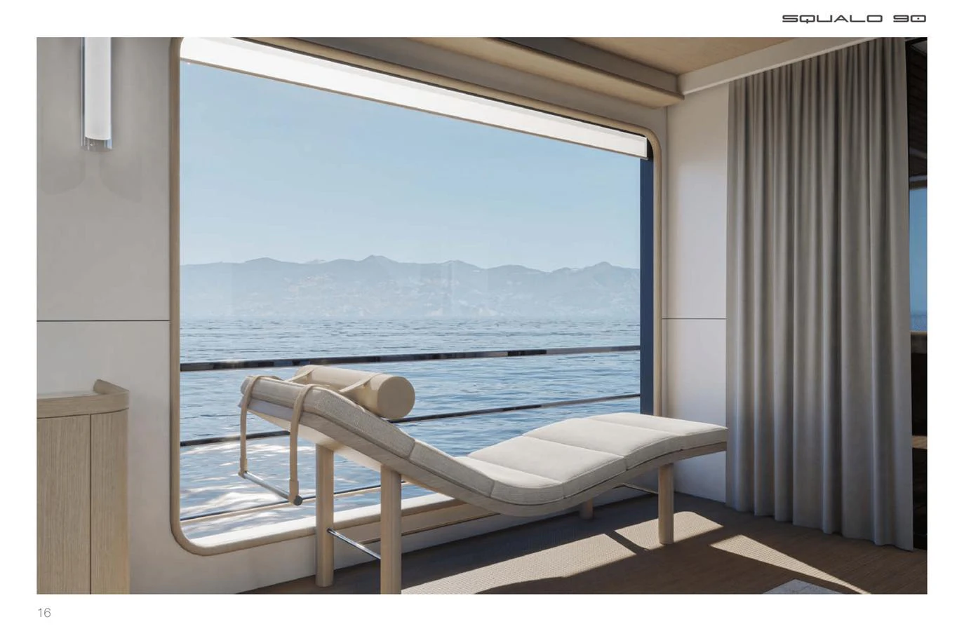 A serene lounge area with a chaise longue overlooking the ocean through a large window. aboard SQUALO 90 Yacht for Sale