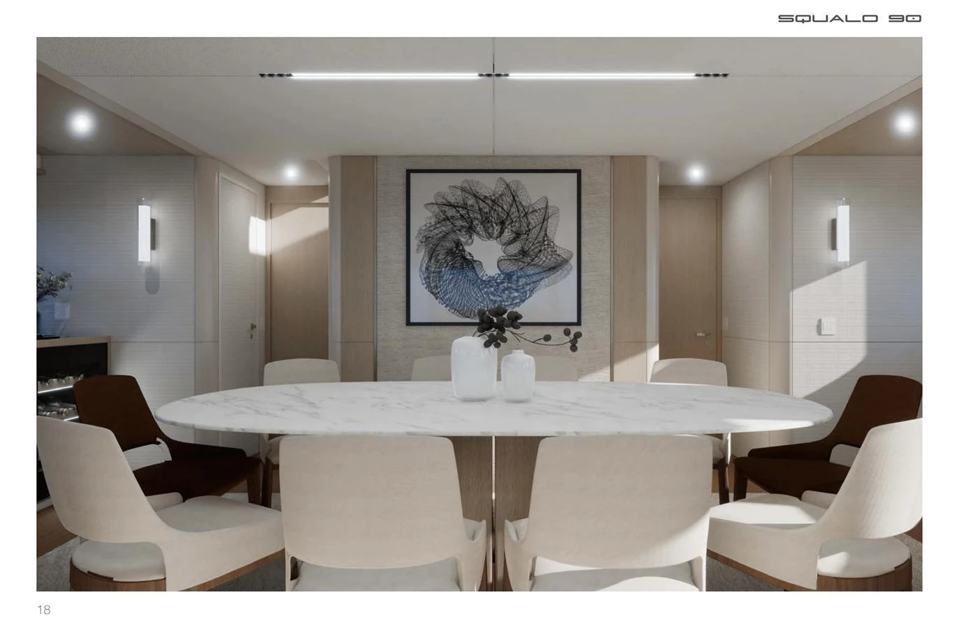 The elegant dining area features a sleek marble table surrounded by comfortable chairs, creating a sophisticated ambiance. aboard SQUALO 90 Yacht for Sale