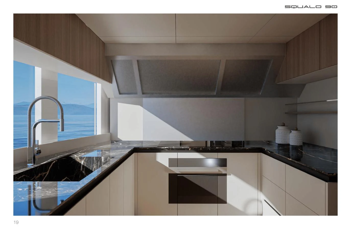 The yacht's galley features modern appliances and a sleek design with ample natural light. aboard SQUALO 90 Yacht for Sale