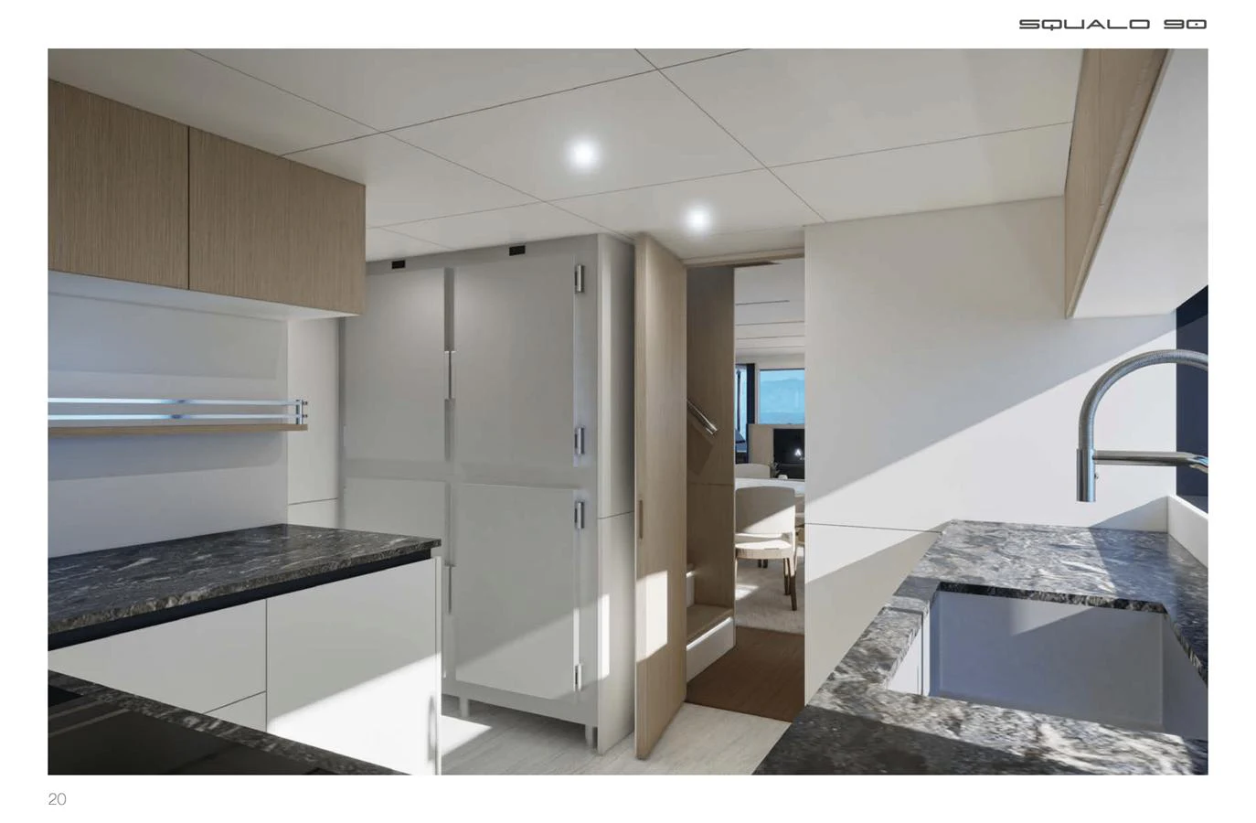 The modern galley features sleek countertops and ample storage space, designed for both functionality and style. aboard SQUALO 90 Yacht for Sale