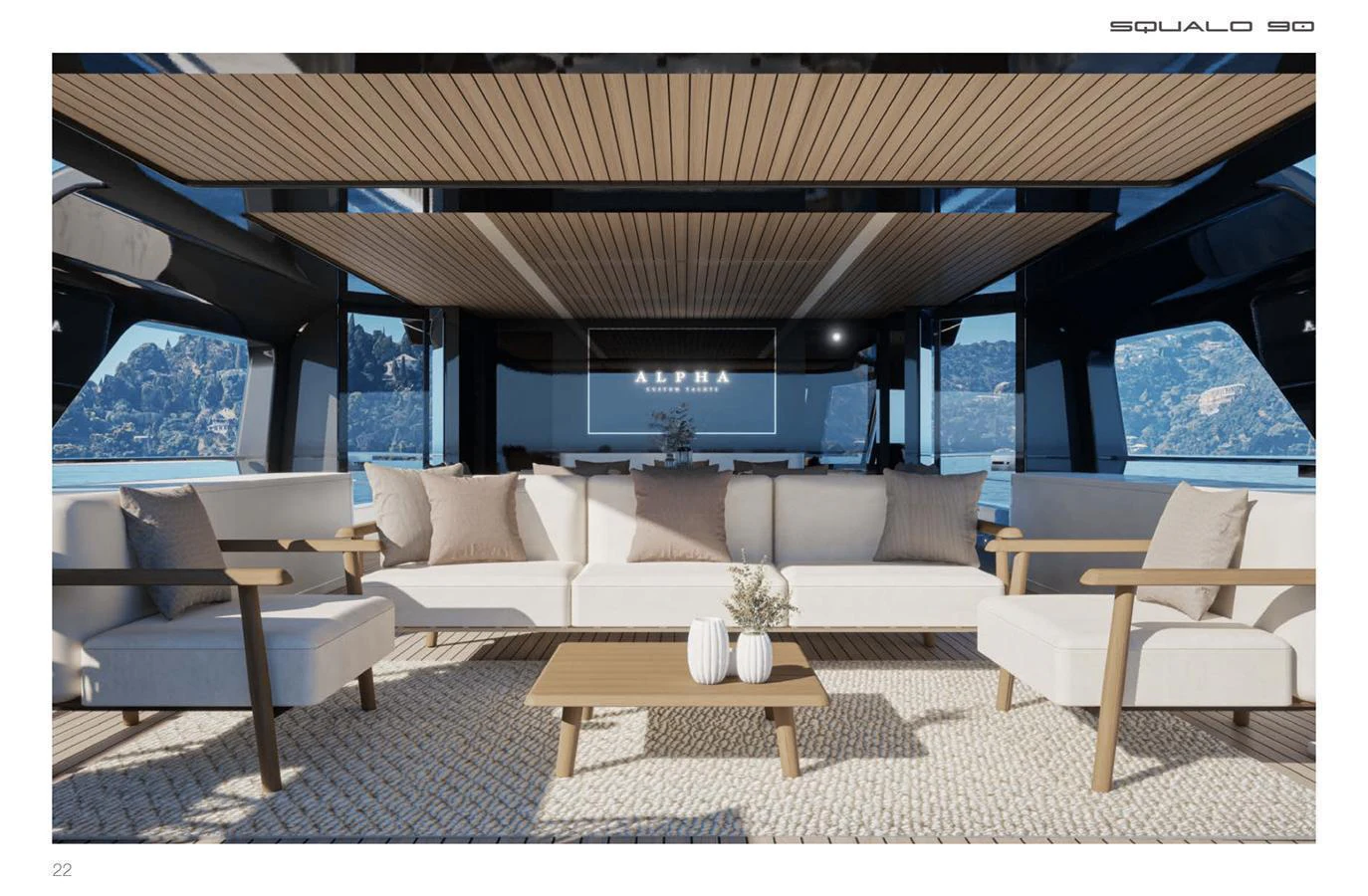 The salon offers a spacious and elegant seating area with panoramic views. aboard SQUALO 90 Yacht for Sale