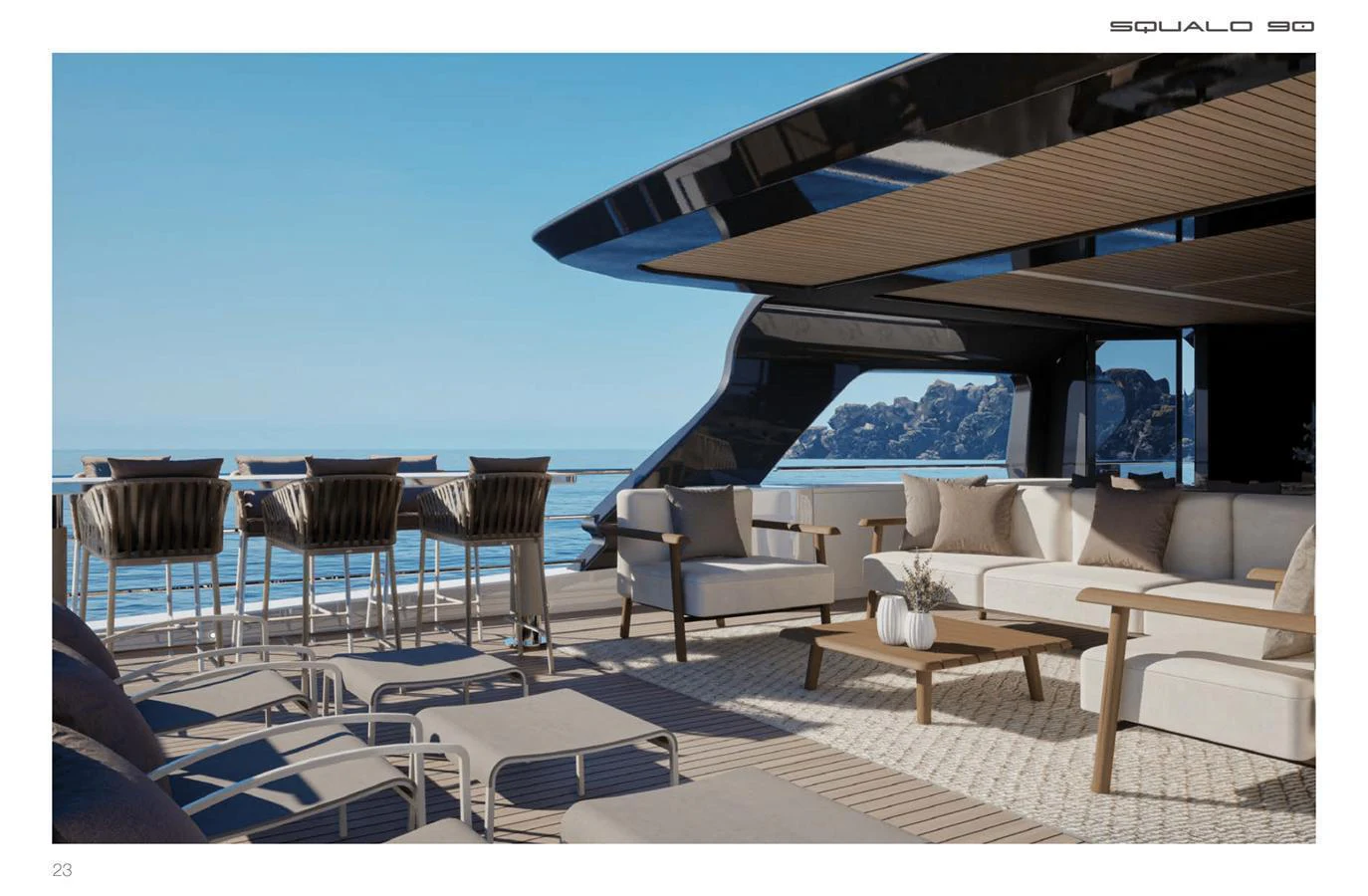 The sundeck offers a luxurious outdoor lounging area with comfortable seating and stunning ocean views. aboard SQUALO 90 Yacht for Sale