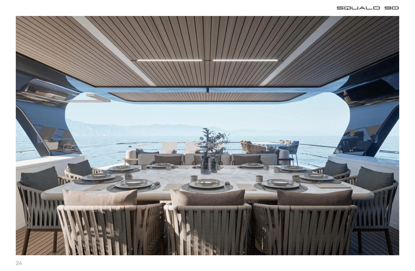 The aft deck features an elegant dining area with a stunning ocean view. aboard SQUALO 90 Yacht for Sale